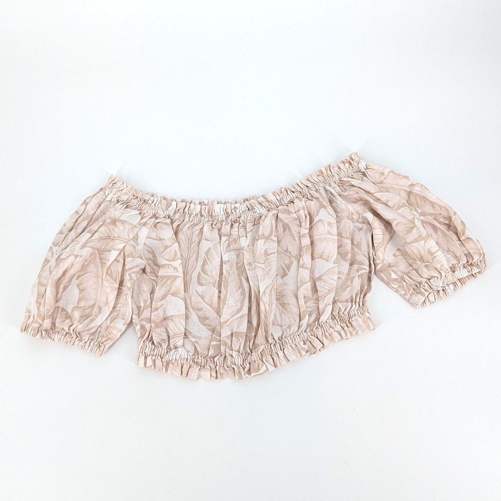 Kenny Flowers Linen Off The Shoulder Tropical Crop Top Neutral Tan Size M